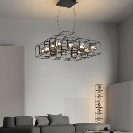 Black Industrial Tetris Chandelier – Handmade Dimmable LED Pendant Light