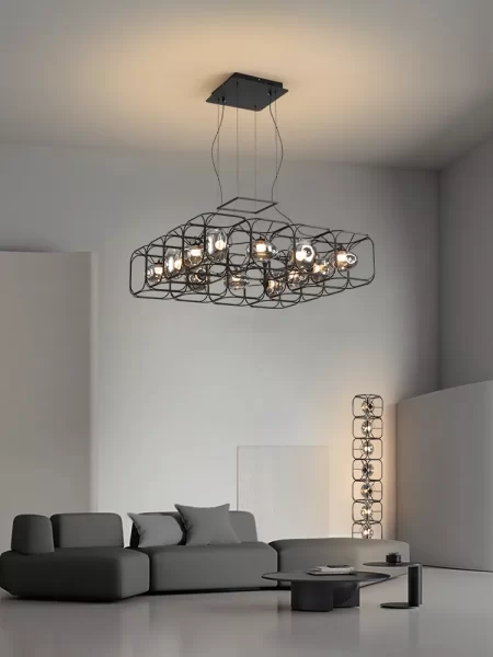 Black Industrial Tetris Chandelier – Handmade Dimmable LED Pendant Light