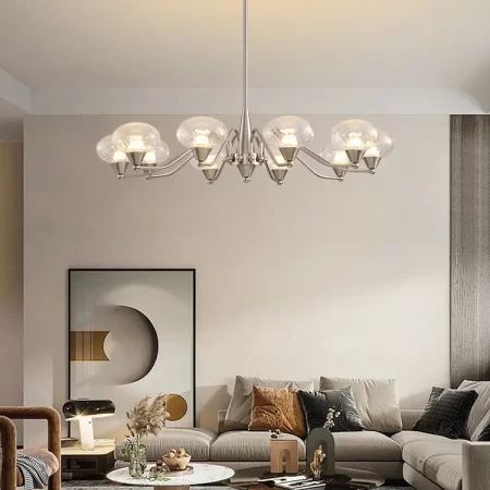 Modern Brushed Nickel Chandelier with Glass Bubble Shades