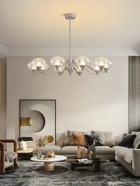 Modern Brushed Nickel Chandelier with Glass Bubble Shades